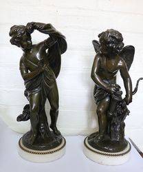 C1790  Pair Of French Bronze Figures On White Carrara Marble Stands 