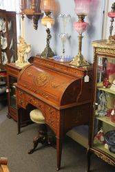 C19th Decorated Satinwood Clyinder  Desk Of Museum Quality  