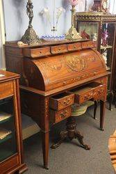 C19th Decorated Satinwood Clyinder  Desk Of Museum Quality  