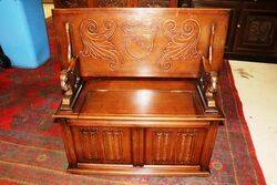 C20th Carved Linen Fold Monks Bench 