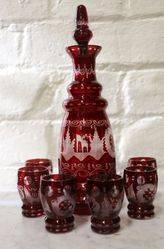 Early C20th Bohemian Cut Glass Decorater and 6 Glasses 