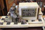 Exceptional Art Deco 3 Piece Clock Set In Cream And Brown Onyx 