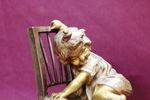 Genuine Juan Clara Bronze Figure Little Girl Climbing Chair Signed And Foundry Marked