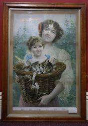 Late Victorian Birdseye maple Framed Print of A BasketFul Of Mischief 