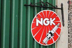 NGK Spark Plugs Enamel Double Sided Sign With Cast Bracket