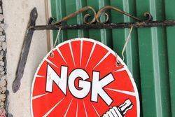 NGK Spark Plugs Enamel Double Sided Sign With Cast Bracket