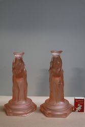 Pair Of Art Deco Pink Glass 3 Graces CandleSticks  