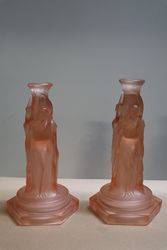 Pair Of Art Deco Pink Glass 3 Graces Tazza Bases  Candlesticks 