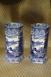 Pair Of Blue + White Cauldon Vases C1900 