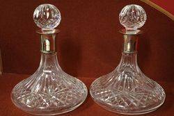 Pair Of Irish Cut Glass Ships Decanters Schuler Mounted 