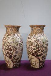 Pair Of Japanese Pottery Vases Embellished With Relief Decoration 
