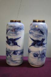 Pair Of Late 19th Century Flow Blue Bird Vases  