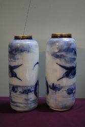 Pair Of Late 19th Century Flow Blue Bird Vases  