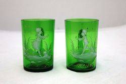 Pair Of Mary Gregory Green Glass Mugs
