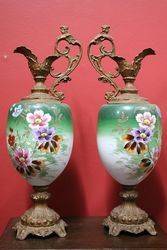 Pair Of Victorian Glass + Spelter Hand Decorated Ewers English 1895