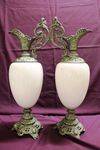 Pair Of Victorian Milk Glass And Spelter Ewers