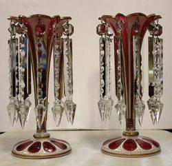 Pair Of Victorian Ruby Overlay Lustre Vases C1870