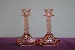 Pair Vintage Pink Glass Candlesticks 