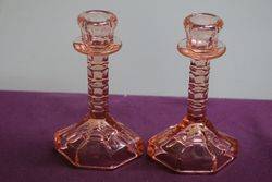 Pair Vintage Pink Glass Candlesticks 