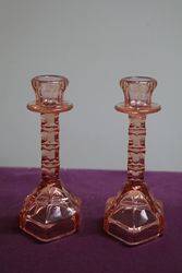 Pair Vintage Pink Glass Candlesticks 