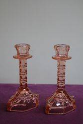 Pair Vintage Pink Glass Candlesticks 