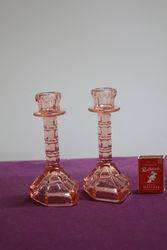 Pair Vintage Pink Glass Candlesticks 