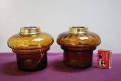 Pair of Antique Amber Glass Oil Lamp Fonts With Brass Collars 