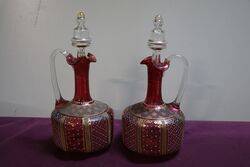 Pair of Antique Ruby Glass Moser Wine Jugs 