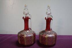 Pair of Antique Ruby Glass Moser Wine Jugs 