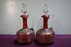 Pair of Antique Ruby Glass Moser Wine Jugs 