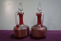 Pair of Antique Ruby Glass Moser Wine Jugs 