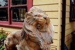 Pair of Large Tiger Eye Marble Lions on Stands 