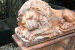Pair of Large Tiger Eye Marble Sleeping Lions on Stands