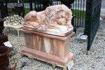 Pair of Large Tiger Eye Marble Sleeping Lions on Stands