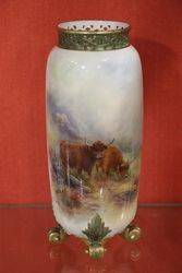 Royal Worcester Highland Cattle Pierced Vase by JStinton C1919