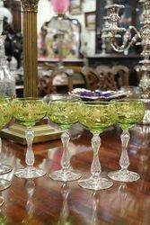 Set of 8 Antique Green + Gilt Hock Glass  