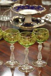 Set of 8 Antique Green + Gilt Hock Glass  