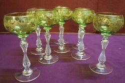Set of 8 Antique Green + Gilt Hock Glasses 