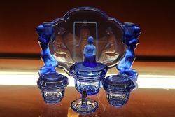 Stunning Art Deco 7 Piece Blue Glass Trinket Set 