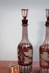 Three Matching Antique Bohemian Flash Ruby Decanters 