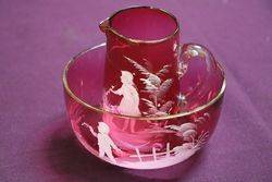 Victorian Green Mary Gregory Jug + Bowl 