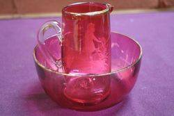 Victorian Green Mary Gregory Jug + Bowl 