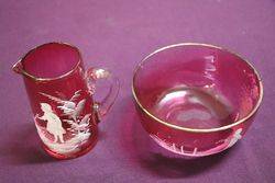 Victorian Green Mary Gregory Jug + Bowl 