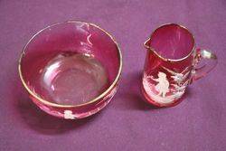 Victorian Green Mary Gregory Jug + Bowl 