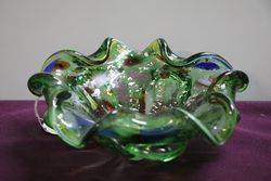 Vintage Murano Green Glass Bowl With Silver Flake 