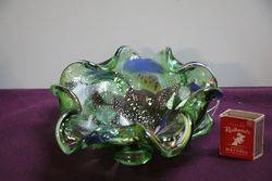 Vintage Murano Green Glass Bowl With Silver Flake 