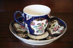 Worcester Blue Scale Coffee Cup + Saucer  Painted Panels Of Flowers