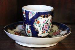 Worcester Blue Scale Coffee Cup + Saucer  Painted Panels Of Flowers