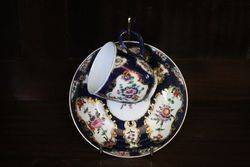 Worcester Blue Scale Coffee Cup + Saucer  Painted Panels Of Flowers