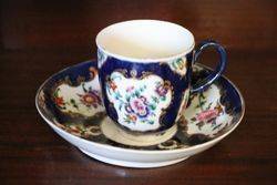 Worcester Blue Scale Coffee Cup + Saucer  Painted Panels Of Flowers
